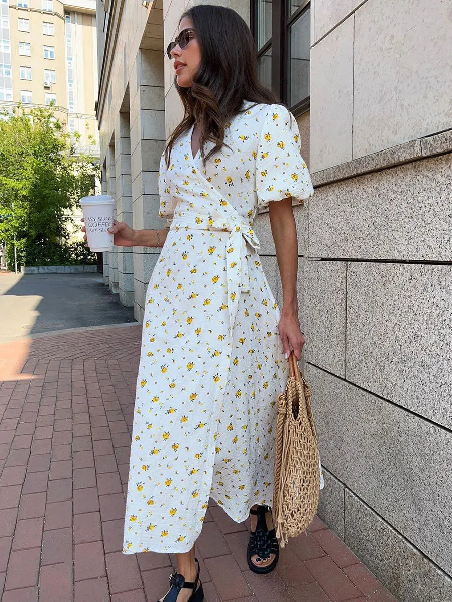 Women’s Floral Cotton Dress – V-Neck Short Sleeve Tunic for Summer