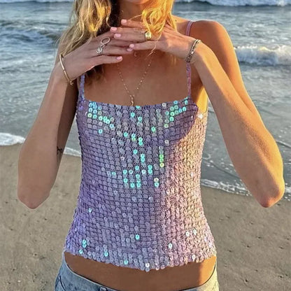 Sequin Embellished Crochet Crop Tops Women Summer Beach Knitted Smocked Camis Sparkly Glitter Backless Cover-up Crop Tops Vest