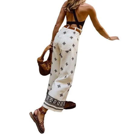 New Fashion Printed Bohemian High Waist Wide Leg Pants For Women