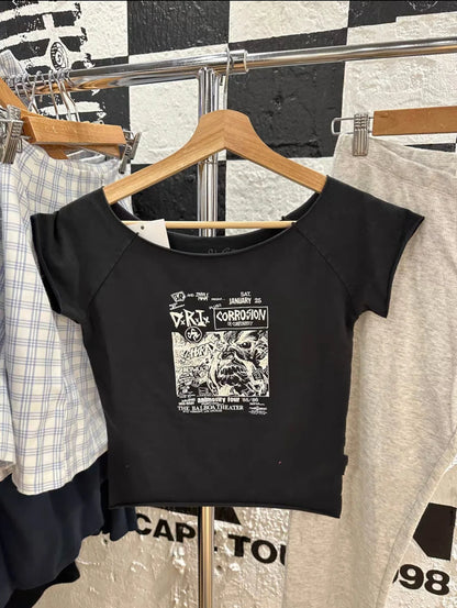 28 Graphic Print T-Shirts Woman Summer Slash Neck Short Sleeve Cotton Tees American Vintage Streetwear Raw Hem Crop Top T-shirts