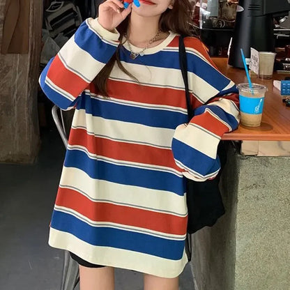 Women T shirts Summer Woman clothing Striped Top Sweatshirt 2023 korean fashion Long Sleeves Tee Patchwork Loose Couple T-shirts