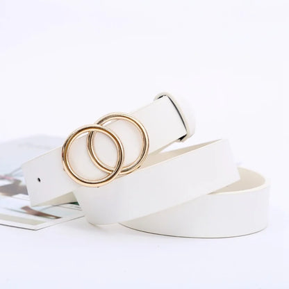 Women’s Double Ring PU Belt – Round Metal Buckle