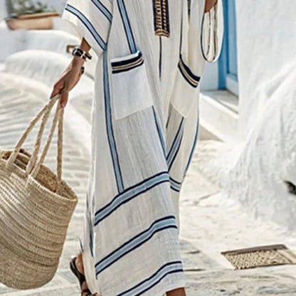 Women’s Retro Striped V-Neck Dress – Loose Boho Summer Beach Dress