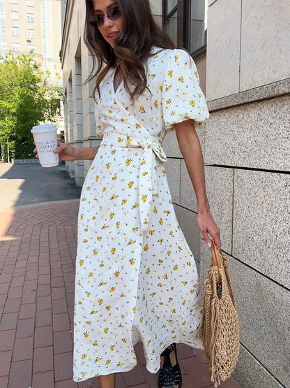 Women’s Floral Cotton Dress – V-Neck Short Sleeve Tunic for Summer