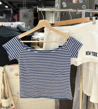 28 Graphic Print T-Shirts Woman Summer Slash Neck Short Sleeve Cotton Tees American Vintage Streetwear Raw Hem Crop Top T-shirts