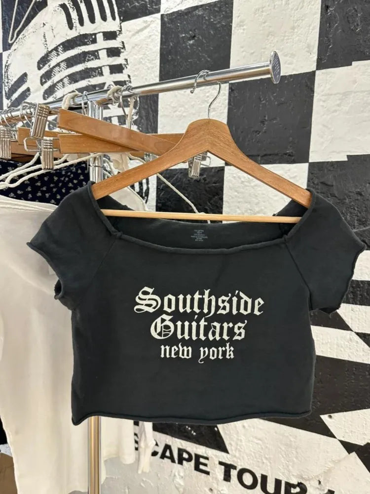 28 Graphic Print T-Shirts Woman Summer Slash Neck Short Sleeve Cotton Tees American Vintage Streetwear Raw Hem Crop Top T-shirts