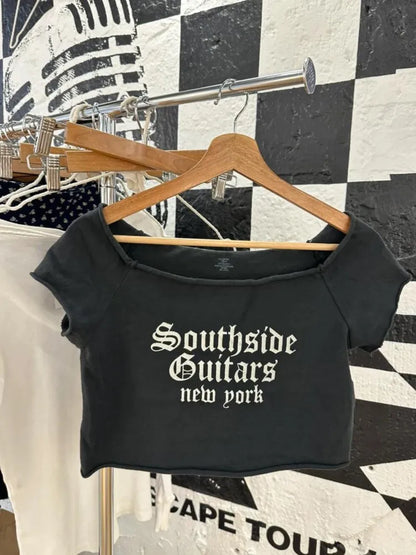 28 Graphic Print T-Shirts Woman Summer Slash Neck Short Sleeve Cotton Tees American Vintage Streetwear Raw Hem Crop Top T-shirts