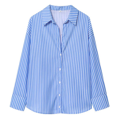 TRAF 2025 Woman Blouses Long Stripe Shirts Women Spring Summer Long Sleeve Blue White Shirt Woman Large Tops Button Up Shirts