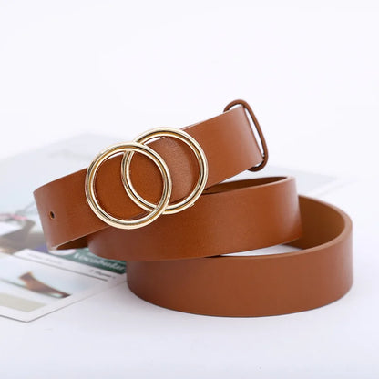 Women’s Double Ring PU Belt – Round Metal Buckle