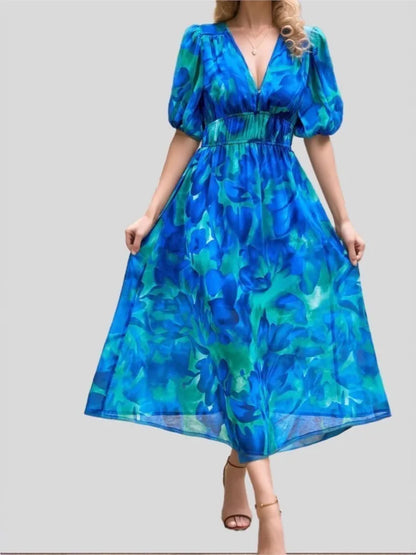Women’s Casual Loose Dress – V-Neck High-Waist Summer Beach Dress