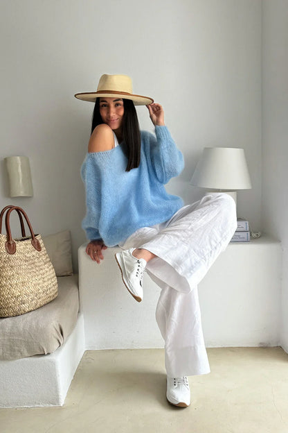 Women'S Casual Sweater   Soft  Comfortable Off Shoulder Pullover in Light Blue Perfect for Spring Fall  Casual Attire Casual S