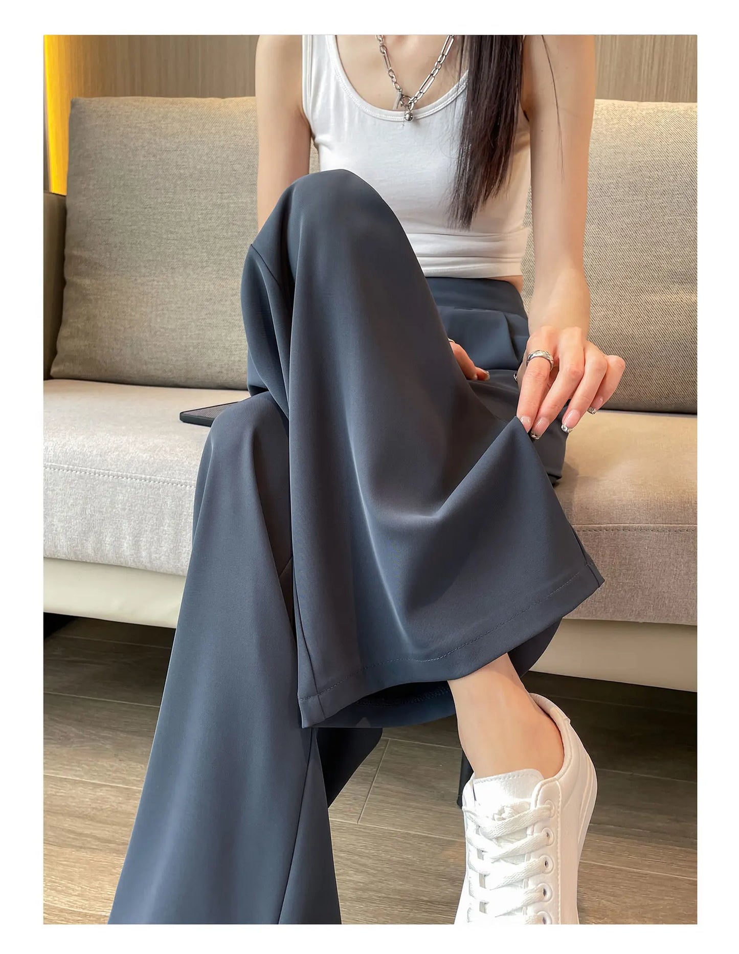 Women’s High-Waist Wide-Leg Casual Pants – Loose Straight Black Trousers