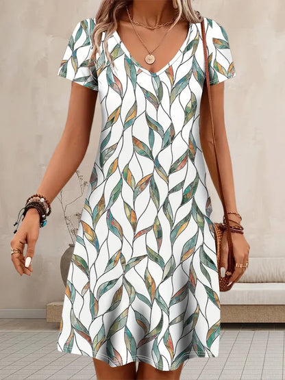 Women’s Summer Printed V-Neck Dress – Short Sleeve Knee-Length Retro Dress