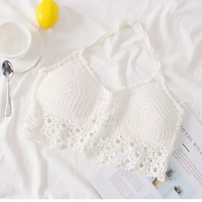 Women Beach Crop Tops Hollow Cover-Ups Perspective Tassel Sexy Spaghetti Strap Swinwear Built In Bra Backlless Halter Neck