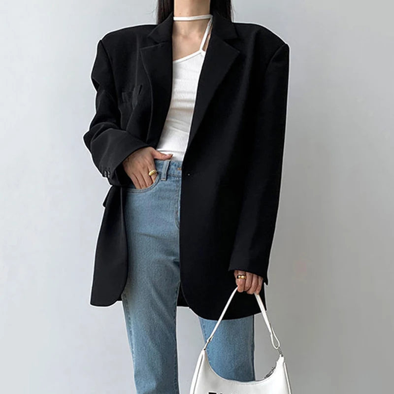 Women’s Black Single-Button Blazer – Loose Fit Office & Streetwear.