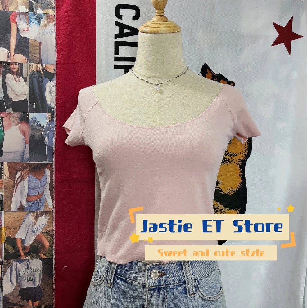 28 Graphic Print T-Shirts Woman Summer Slash Neck Short Sleeve Cotton Tees American Vintage Streetwear Raw Hem Crop Top T-shirts