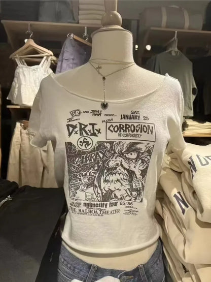 28 Graphic Print T-Shirts Woman Summer Slash Neck Short Sleeve Cotton Tees American Vintage Streetwear Raw Hem Crop Top T-shirts