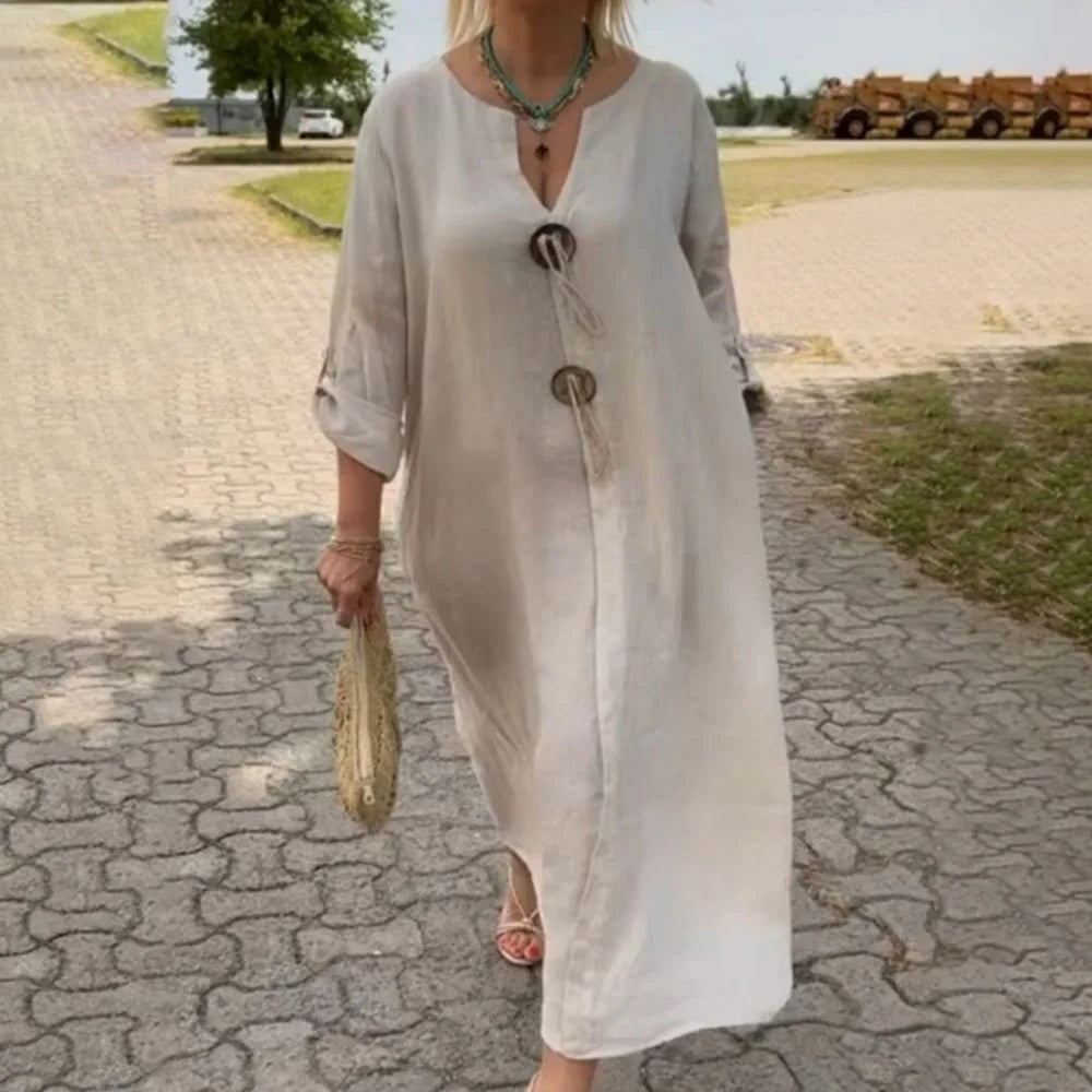 Women’s Casual Linen Maxi Dress – Loose Short Sleeve Elegant Dress
