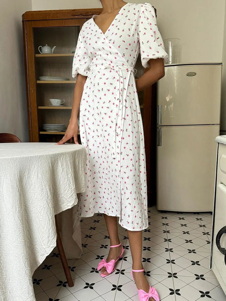 Women’s Floral Cotton Dress – V-Neck Short Sleeve Tunic for Summer