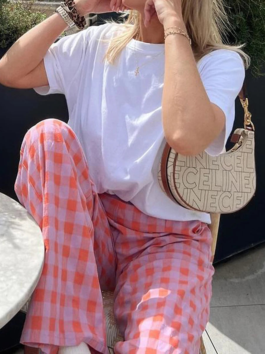 Women’s Pink Plaid Slim Straight Pants – Chic Zipper Fly Trousers