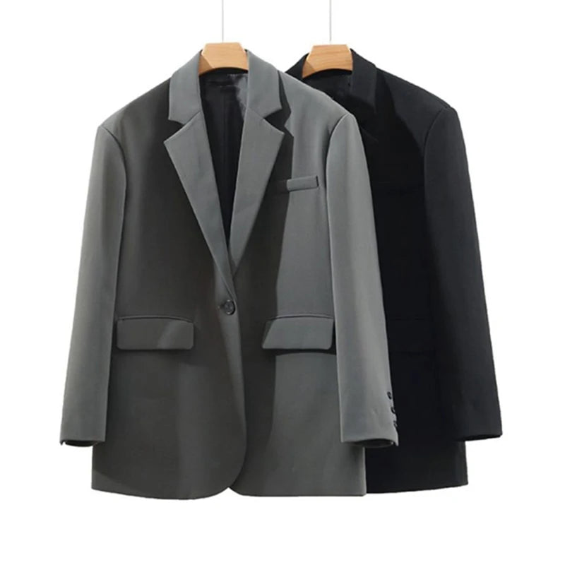 Women’s Black Single-Button Blazer – Loose Fit Office & Streetwear.