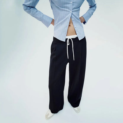 Women’s Wide-Leg Pants – Double Waistband, High Elastic, Drawstring & Side Pockets