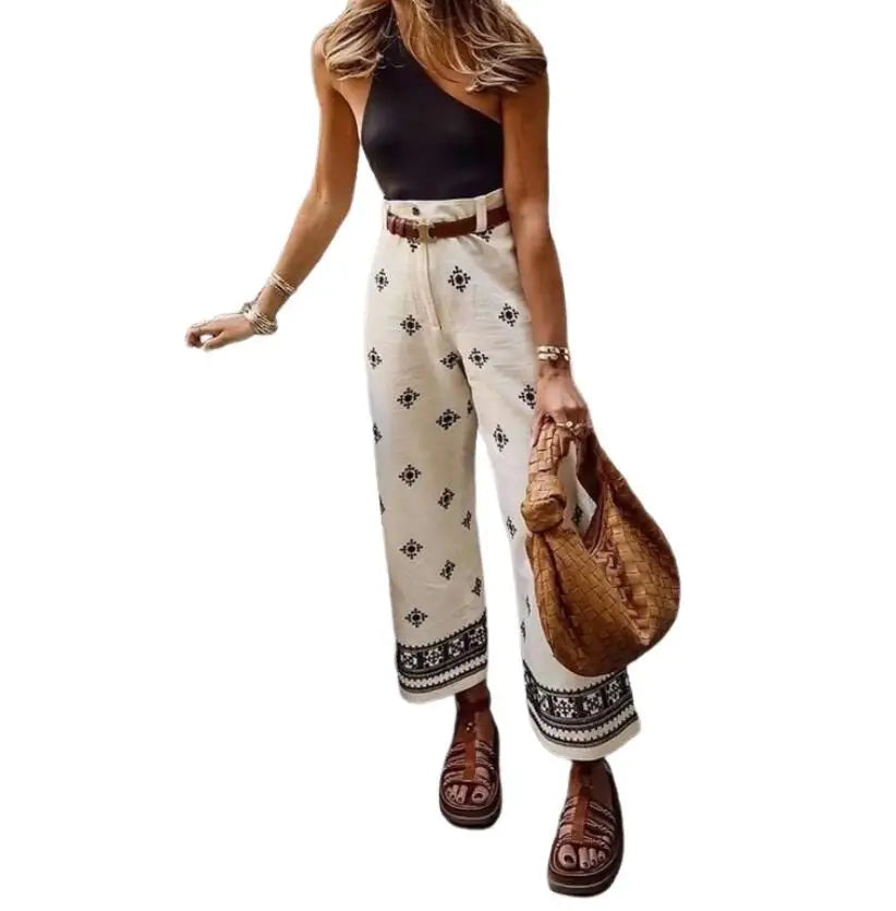 New Fashion Printed Bohemian High Waist Wide Leg Pants For Women