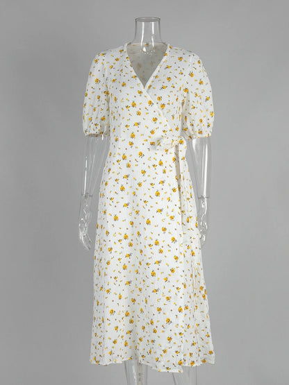 Women’s Floral Cotton Dress – V-Neck Short Sleeve Tunic for Summer