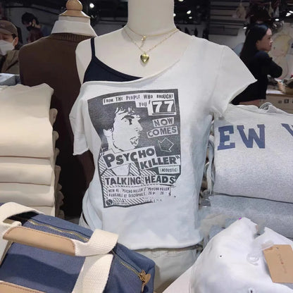 28 Graphic Print T-Shirts Woman Summer Slash Neck Short Sleeve Cotton Tees American Vintage Streetwear Raw Hem Crop Top T-shirts