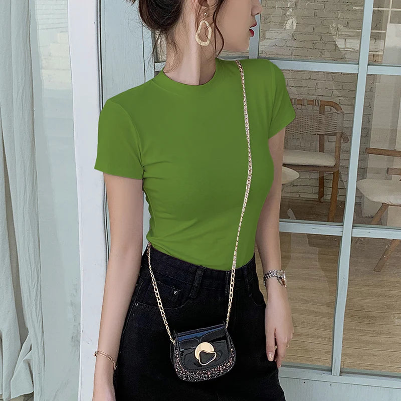 MRMT 2025 Brand New Women's T-Shirts Half-turtleneck Women T shirt for Female Cotton Tight Solid Color Tops Tees Woman Tshirt