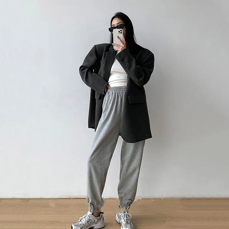 Women’s Black Single-Button Blazer – Loose Fit Office & Streetwear.
