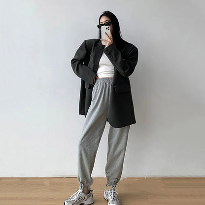 Women’s Black Single-Button Blazer – Loose Fit Office & Streetwear.