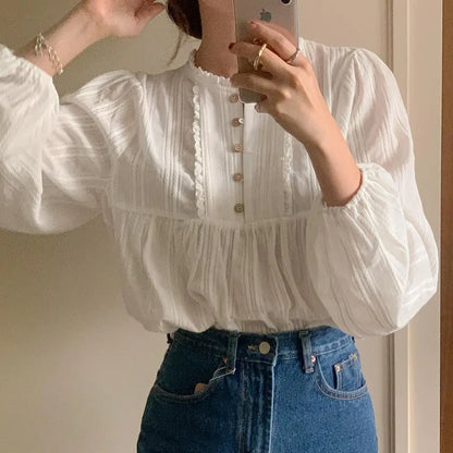 White Blouses Women Office Lady Lantern Sleeve Tender Simple Pure Tops Vintage Literary Loose Designed Lace French Prairie Chic