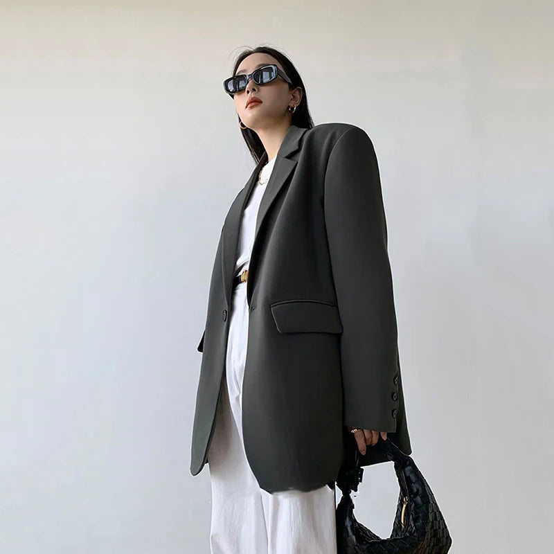 Women’s Black Single-Button Blazer – Loose Fit Office & Streetwear.