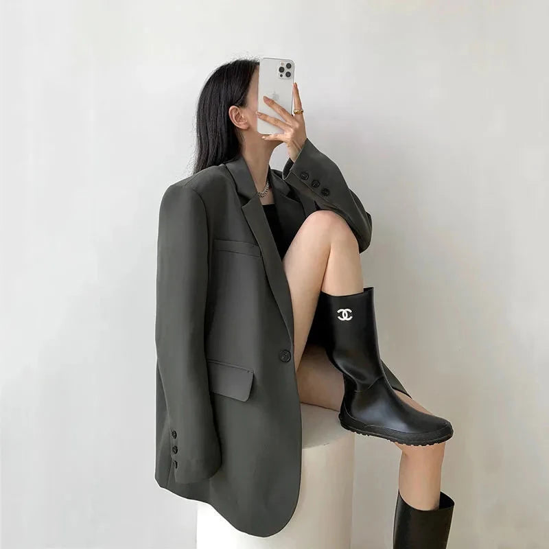 Women’s Black Single-Button Blazer – Loose Fit Office & Streetwear.