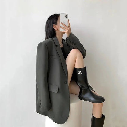 Women’s Black Single-Button Blazer – Loose Fit Office & Streetwear.