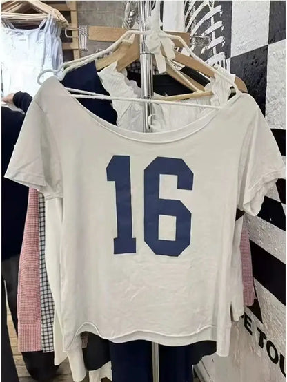 28 Graphic Print T-Shirts Woman Summer Slash Neck Short Sleeve Cotton Tees American Vintage Streetwear Raw Hem Crop Top T-shirts