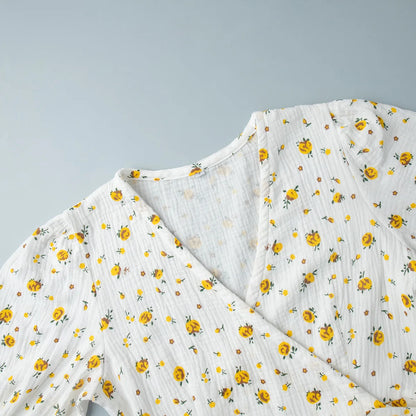 Women’s Floral Cotton Dress – V-Neck Short Sleeve Tunic for Summer