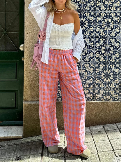Women’s Pink Plaid Slim Straight Pants – Chic Zipper Fly Trousers