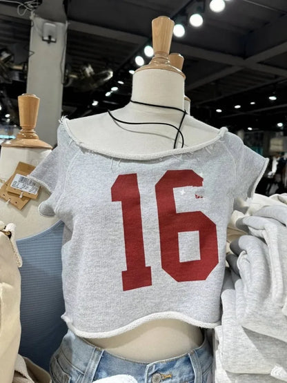 28 Graphic Print T-Shirts Woman Summer Slash Neck Short Sleeve Cotton Tees American Vintage Streetwear Raw Hem Crop Top T-shirts