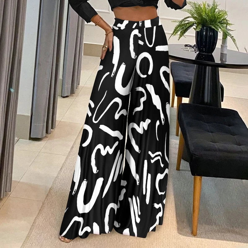 Women’s High-Waist Wide-Leg Printed Pants – Casual Loose Trousers