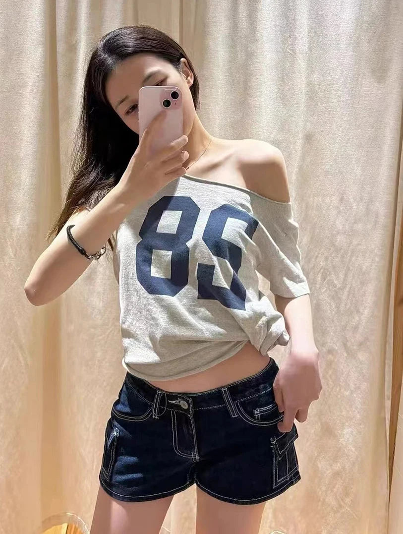 28 Graphic Print T-Shirts Woman Summer Slash Neck Short Sleeve Cotton Tees American Vintage Streetwear Raw Hem Crop Top T-shirts