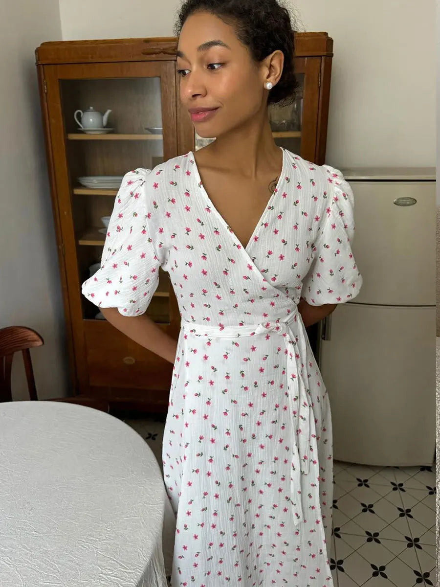 Women’s Floral Cotton Dress – V-Neck Short Sleeve Tunic for Summer