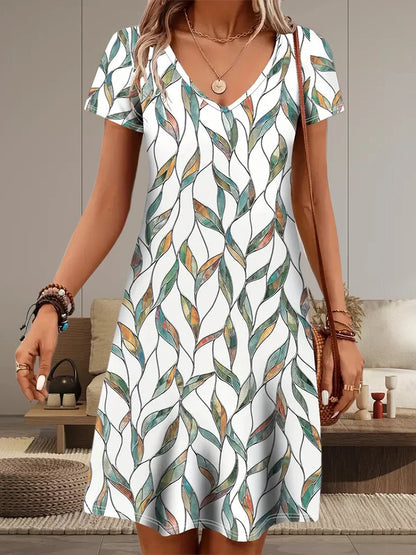 Women’s Summer Printed V-Neck Dress – Short Sleeve Knee-Length Retro Dress