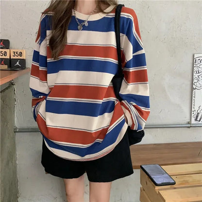 Women T shirts Summer Woman clothing Striped Top Sweatshirt 2023 korean fashion Long Sleeves Tee Patchwork Loose Couple T-shirts