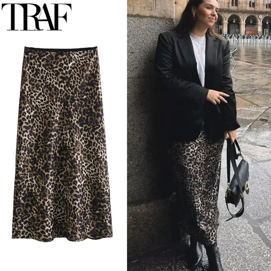 Women’s Leopard Print Satin Midi Skirt