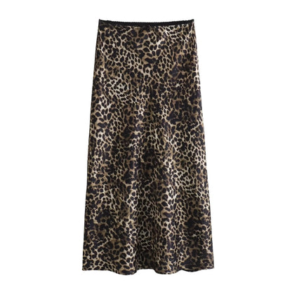 Women’s Leopard Print Satin Midi Skirt