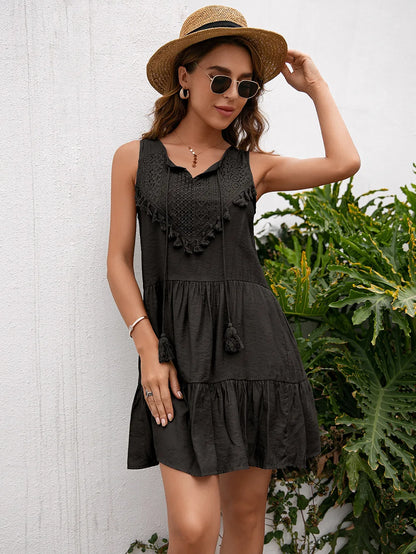 Women’s High-Waist Tassel Lace Mini Dress – Sleeveless Summer Sundress