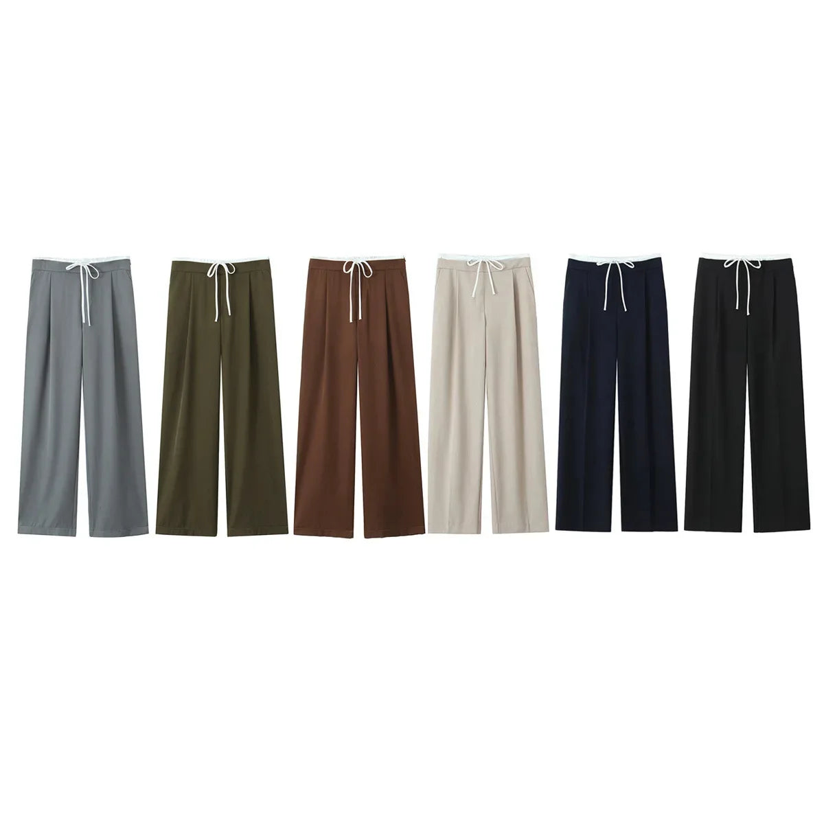 Women’s Wide-Leg Pants – Double Waistband, High Elastic, Drawstring & Side Pockets
