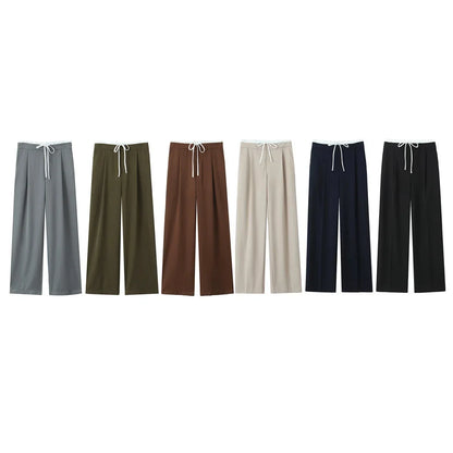Women’s Wide-Leg Pants – Double Waistband, High Elastic, Drawstring & Side Pockets